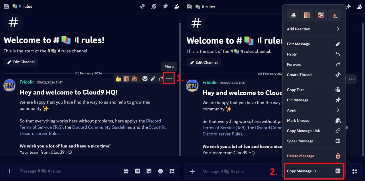 Screenshot, der das Kontextmenü einer Nachricht mit hervorgehobenem Nachrichten-ID kopieren zeigt