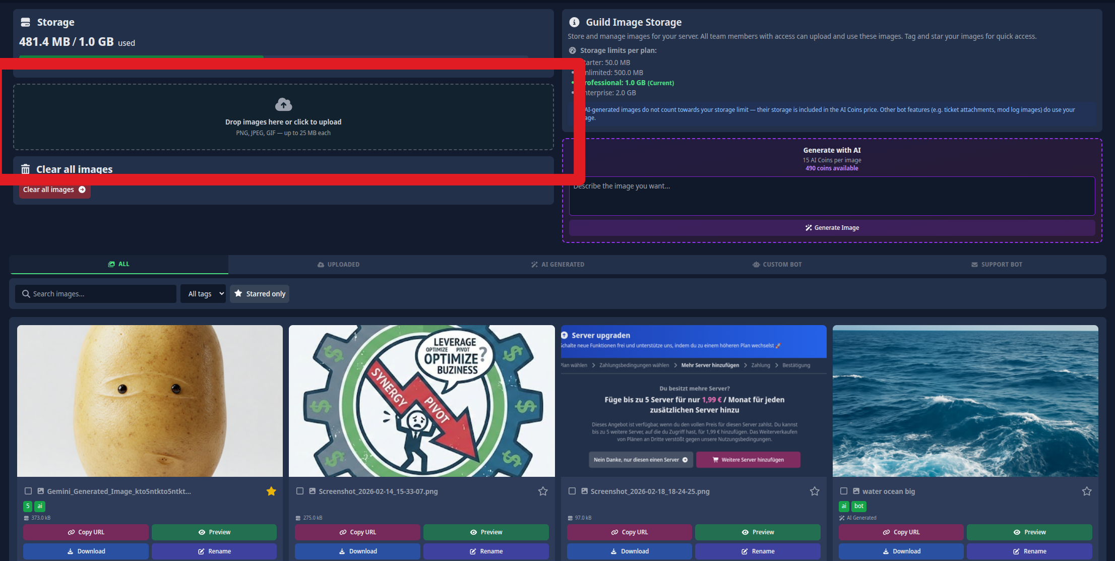 Screenshot, der demonstriert, wie man Dateien auf der Bilder-Seite per Drag &amp; Drop oder durch Auswahl hochlädt